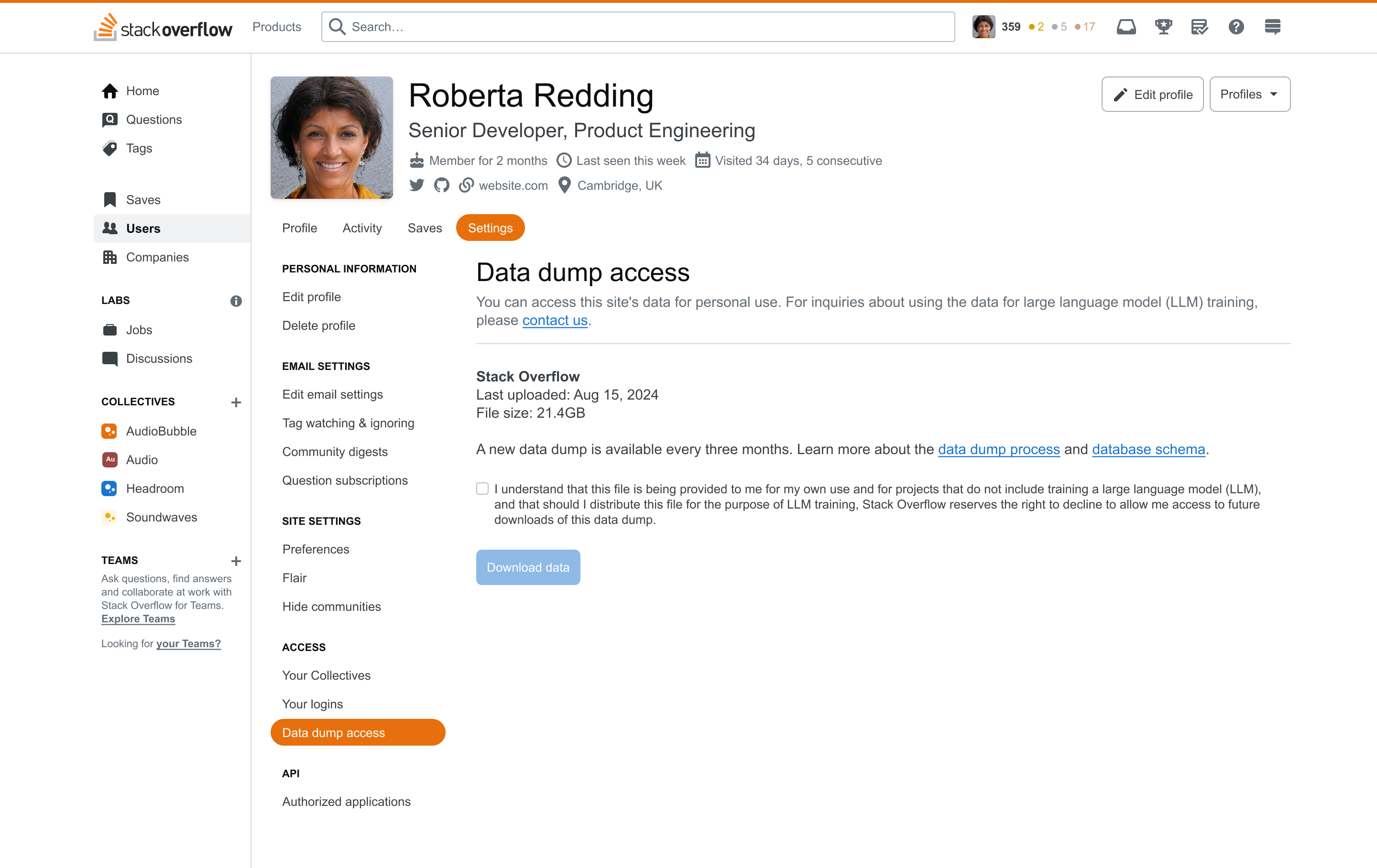 Image of the user profile settings page called "Data dumps access", found under the Access heading on the left side of the profile settings page, which includes information about the most recent data dump file available, links to various resources about the data dump file, and a check box and button that allow the dump file for the current site to be downloaded.