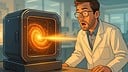 Brille, Innovation, Quantencomputer, Wissenschaftler, Experiment, Science-Fiction, Hightech, Futuristisch, Dunkle Materie, Quantentechnologie, Durchbruch, �berraschung, Laborkittel, Forschungslabor, Energiewirbel, Computerterminal