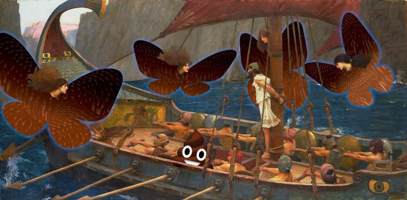 A painting of Ulysses tied to the mast, beset by flying sirens. The sirens' wings have been replaced with the Bluesky butterfly wing logo. On the deck of Ulysses' trireme is a giant poop emoji.
