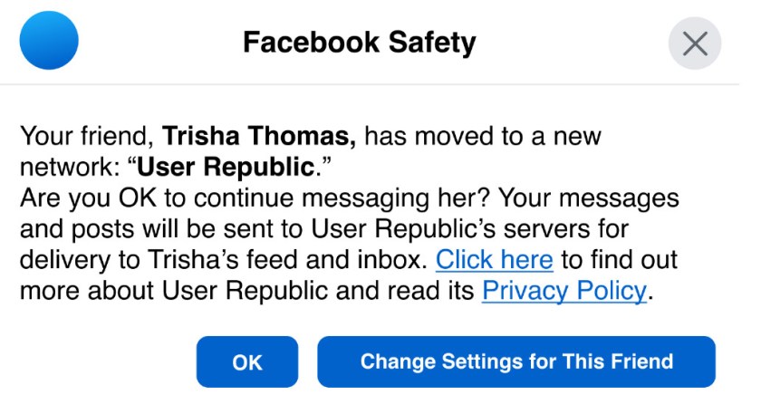 A dialog box seeking a user's consent to maintain a connection to an off-platform user