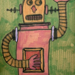 Original "Robot" untitled work of art by Christopher Bame for the 'Faces In The Crowd' FolkArtwork exhibit.