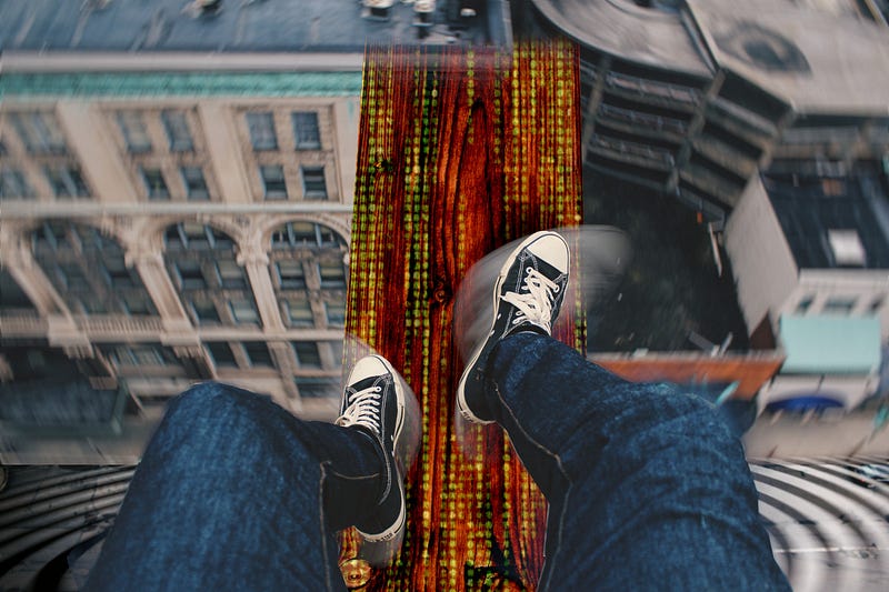 A pair of legs and feet traversing a plank, high over a city street. The street below has a hypnotic spiral. The feet are blurred. The plank has a subtle âMatrix Waterfallâ effect worked into its grain. The end of the plank fades into nothingness.