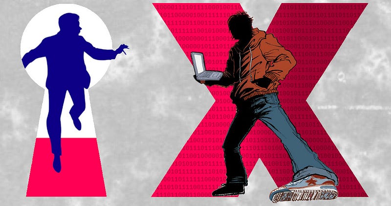 The “Marty Hench” figure from the cover of Red Team Blues, next to the “M1k3y” figure (with large, binary-digit-lined red “X”) from the cover of Little Brother.