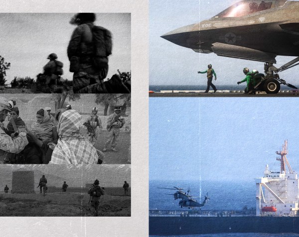 # Alt Text Left panel shows archival black and white photographs of soldiers and civilians during amphibious operations; right panel displays modern military personnel conducting aircraft and helicopter operations near naval vessels at sea.