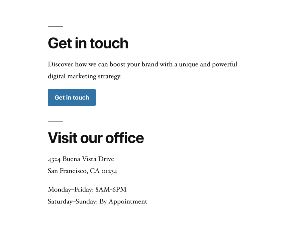 An example of two widgets above the footer. The widgets are text widgets and shows address information and opening hours for a fictive company.