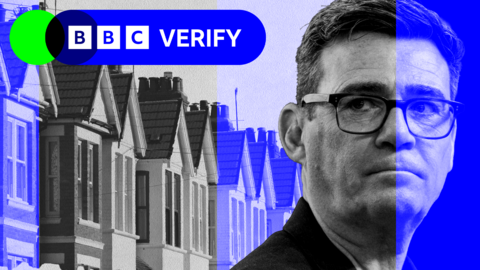 A black and white and blue image showing a close up of Andy Burnham and a row of houses with a BBC Verify blue logo