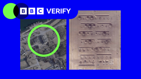 A composite image of two satellite images. The image on the left shows a damage building with a green circle highlighting it. The image on the right shows multiple structures damaged.