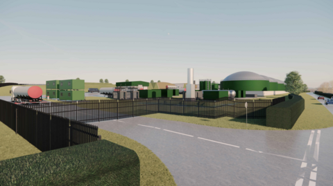 A digital visualisation of the power plant site showing fencing, buildings and tankers.