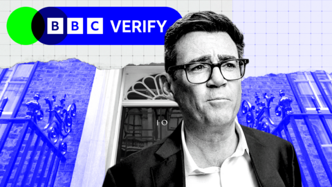 A composite image of Andy Burnham outside No 10 Downing Street with the BBC Verify branding superimposed on top