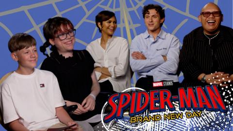 Two young reporters Zac and Carmlea with Spider-Man Brand New Day stars, Zenday, Tom Holland and Jacob Batalon