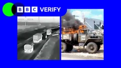 Коллаж из кадров со съемки дроном российских военных грузовиков под логотипом BBC Verify