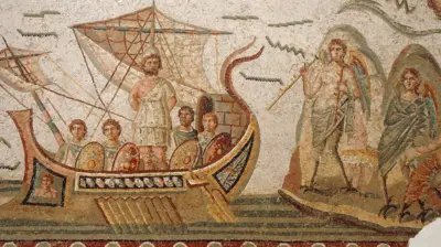 Mosaïque romaine représentant Ulysse sur un navire, attaché au mât, écoutant le chant des Sirènes. Musée du Bardo, Tunis.