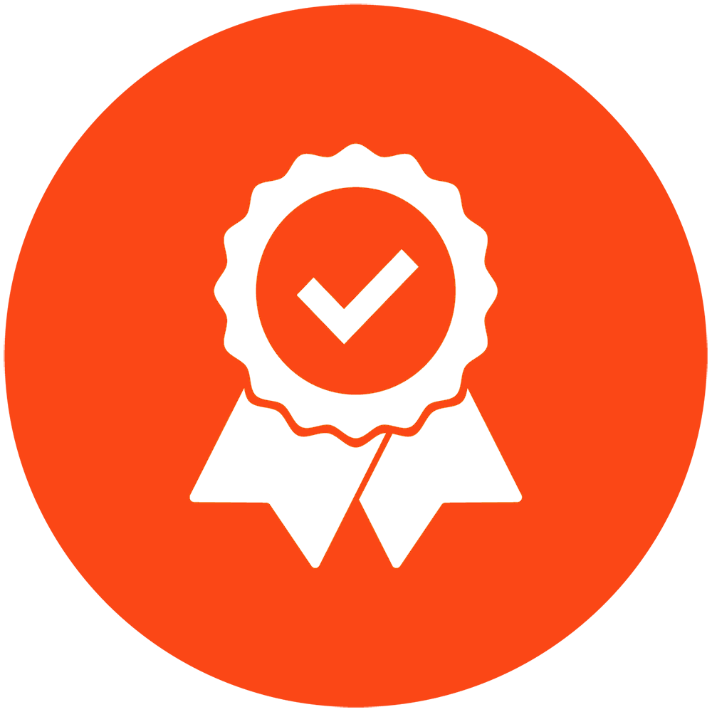 Icon of a badge with a checkmark displayed on an orange circular background. The badge has a scalloped edge and two ribbons below it, symbolizing achievement or certification.