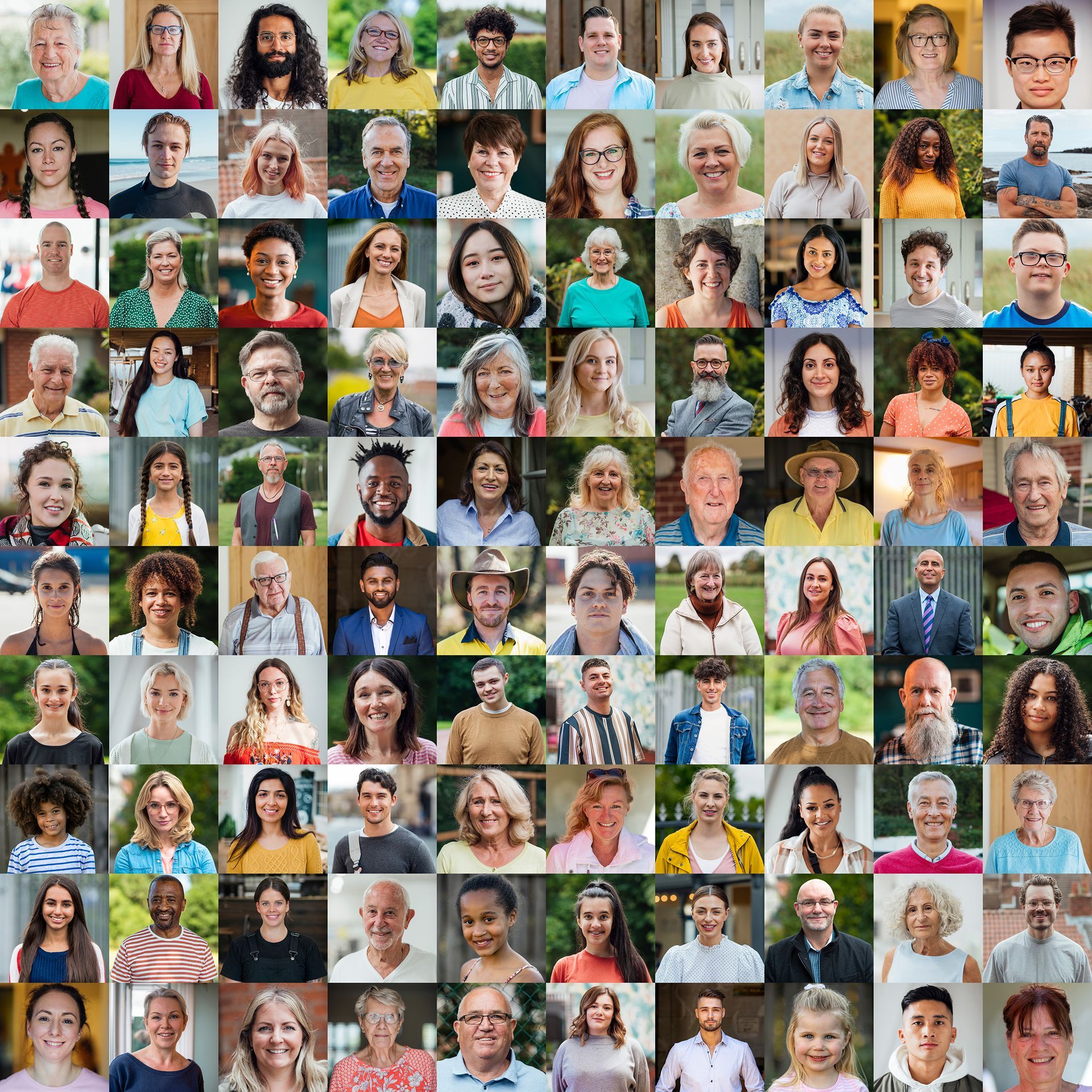 A grid collage of headshots featuring a diverse group of people showing various expressions against different backgrounds.