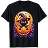 Black Cat Witch Hat Pumpkin Funny Halloween Men Women Kids T-Shirt