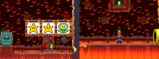 Mario and Luigi getting a Coin from the slot machine in Thwomp Caverns of Mario & Luigi: Partners in Time.