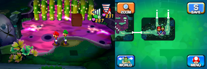 Mario and Luigi near a boulder containing a Coin in Somnom Woods of Mario & Luigi: Dream Team.