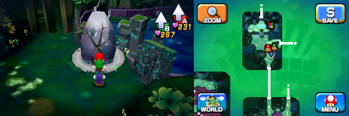 Mario and Luigi near a boulder containing a Coin in Somnom Woods of Mario & Luigi: Dream Team.