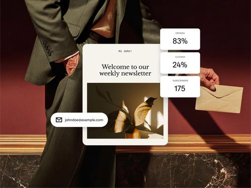 A design for an email newsletter showing statistics for an email campaign, including 83% opened, 24% clicked, and 175 subscribers.