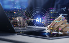 The private equity AI advantage is built by operators Image of a digital AI button hovering over a laptop, symbolizing the synthesis of data.