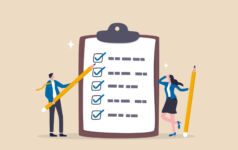 Secondaries Investor Law Firm Survey Task checklist, clipboard with to do list checkmark, task management to track work completion, accomplishment, survey or questionnaire concept, business people with pencil and checklist clipboard.