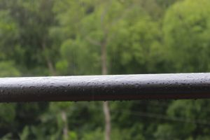 A wet metal railing with raindrops in focus, set against a blurred backdrop of lush green foliage, conveying a peaceful, rainy atmosphere.