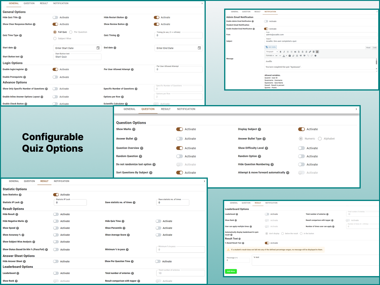 Configurable Quiz options to create variety of quizzes