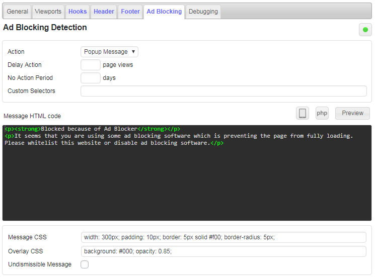 Settings ad blocking detection
