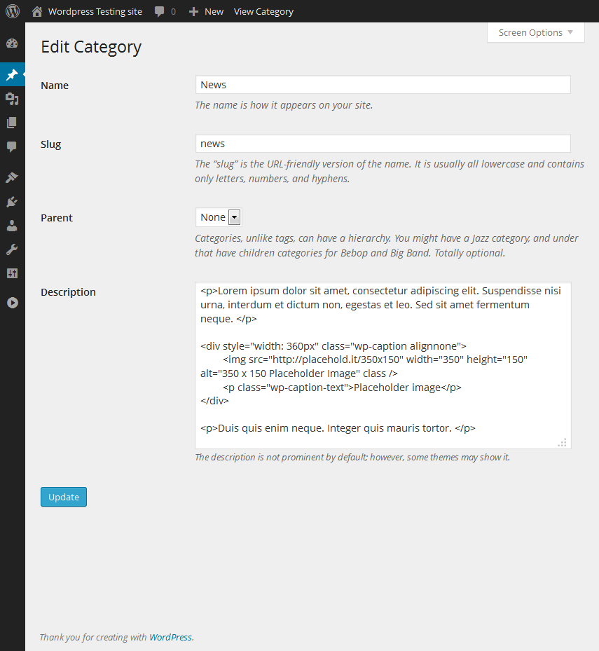 Adding HTML code to the category description