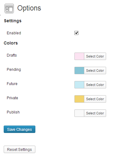 Settings page with color picker for each post status