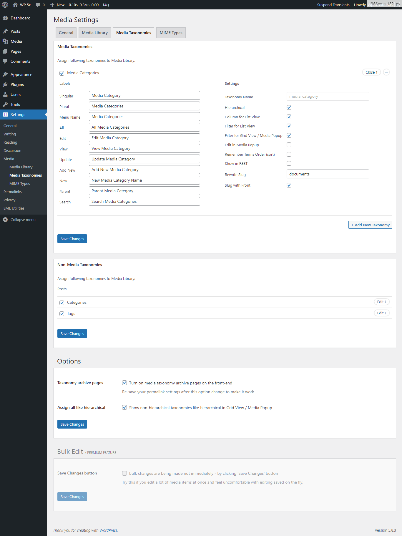 Plugin Settings: Media Taxonomies & Filters