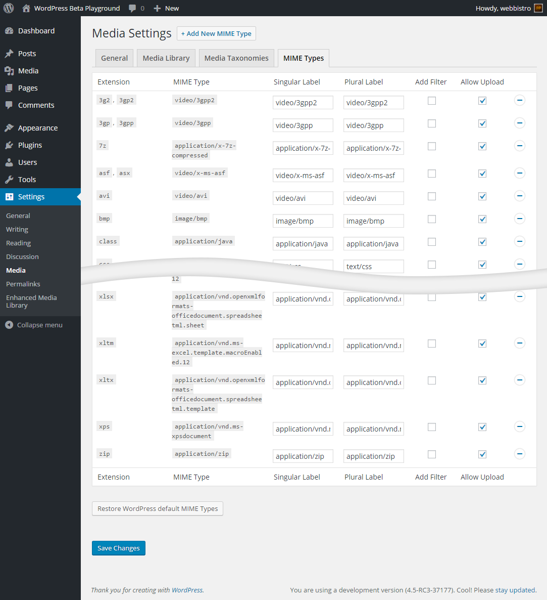 Plugin Settings: MIME Types settings