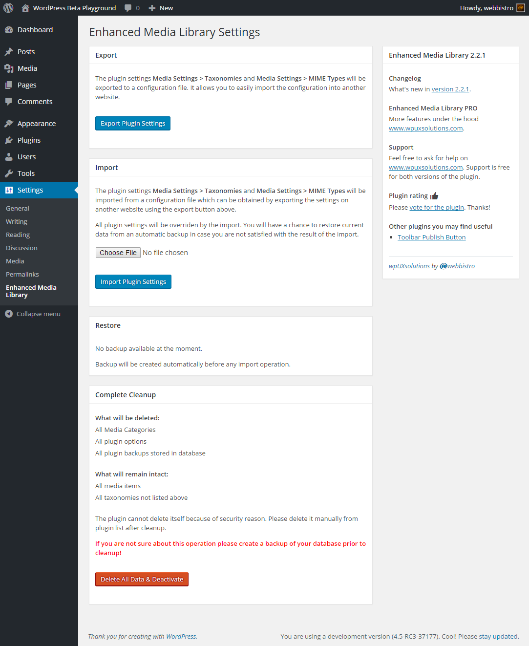 Plugin Settings: Export, Import, Restore, Cleanup