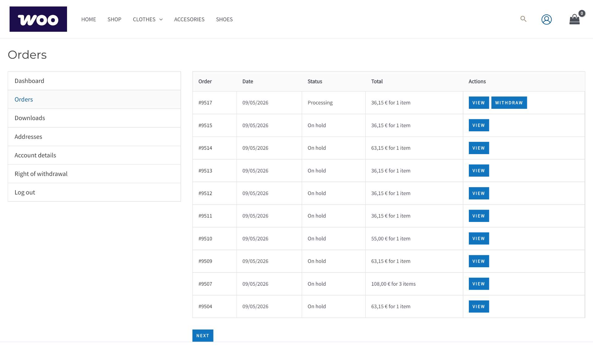 WooCommerce My Account integration with per-order Withdraw button.