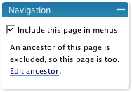 Pre WP 2.5 - Showing the control and warning for a page which is the child of an excluded page