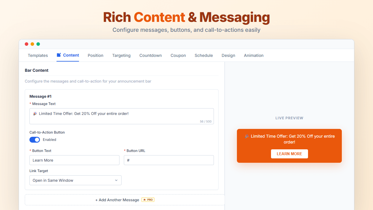 Rich Content & Messaging - Configure messages, buttons, and call-to-actions easily