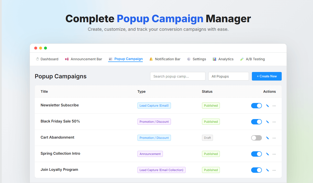 Complete Popup Campaign Manager - Create, customize, and track conversion campaigns