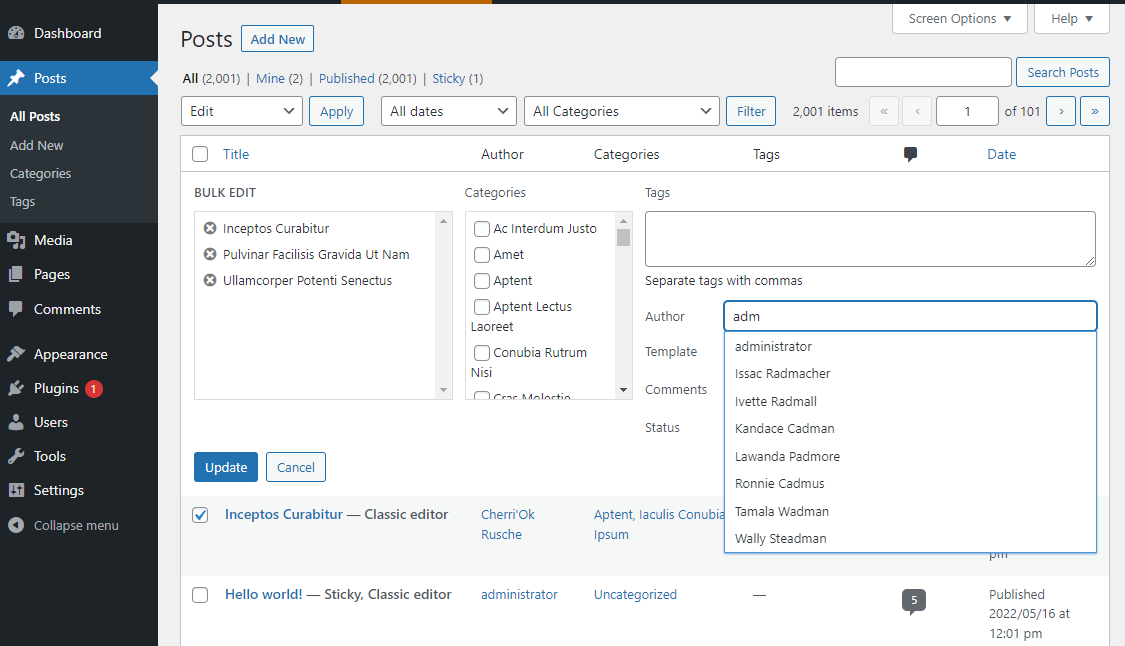 The bulk editor for All Posts showing the selection box with autocompletion of author name.