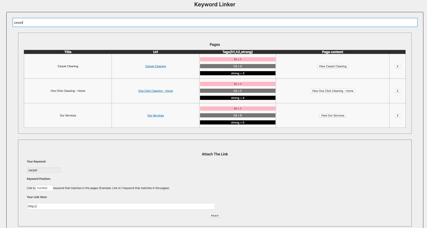Keyword Linker searching word layout