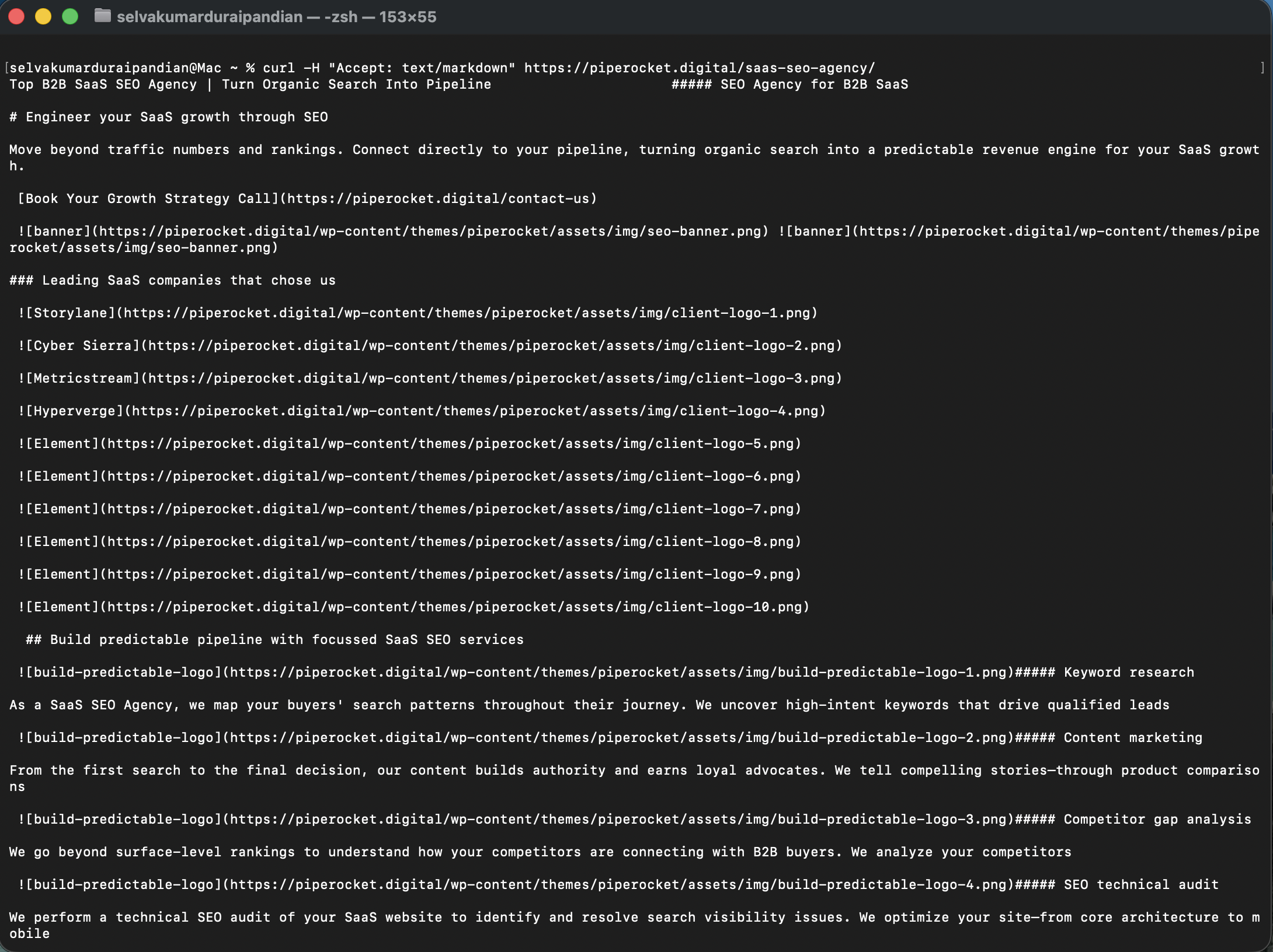 Sample Markdown output returned in a terminal using curl -H "Accept: text/markdown" on a WordPress post. The response shows the post title as a top-level Markdown heading, followed by the post body in plain Markdown, with all HTML, navigation, and theme chrome stripped away.