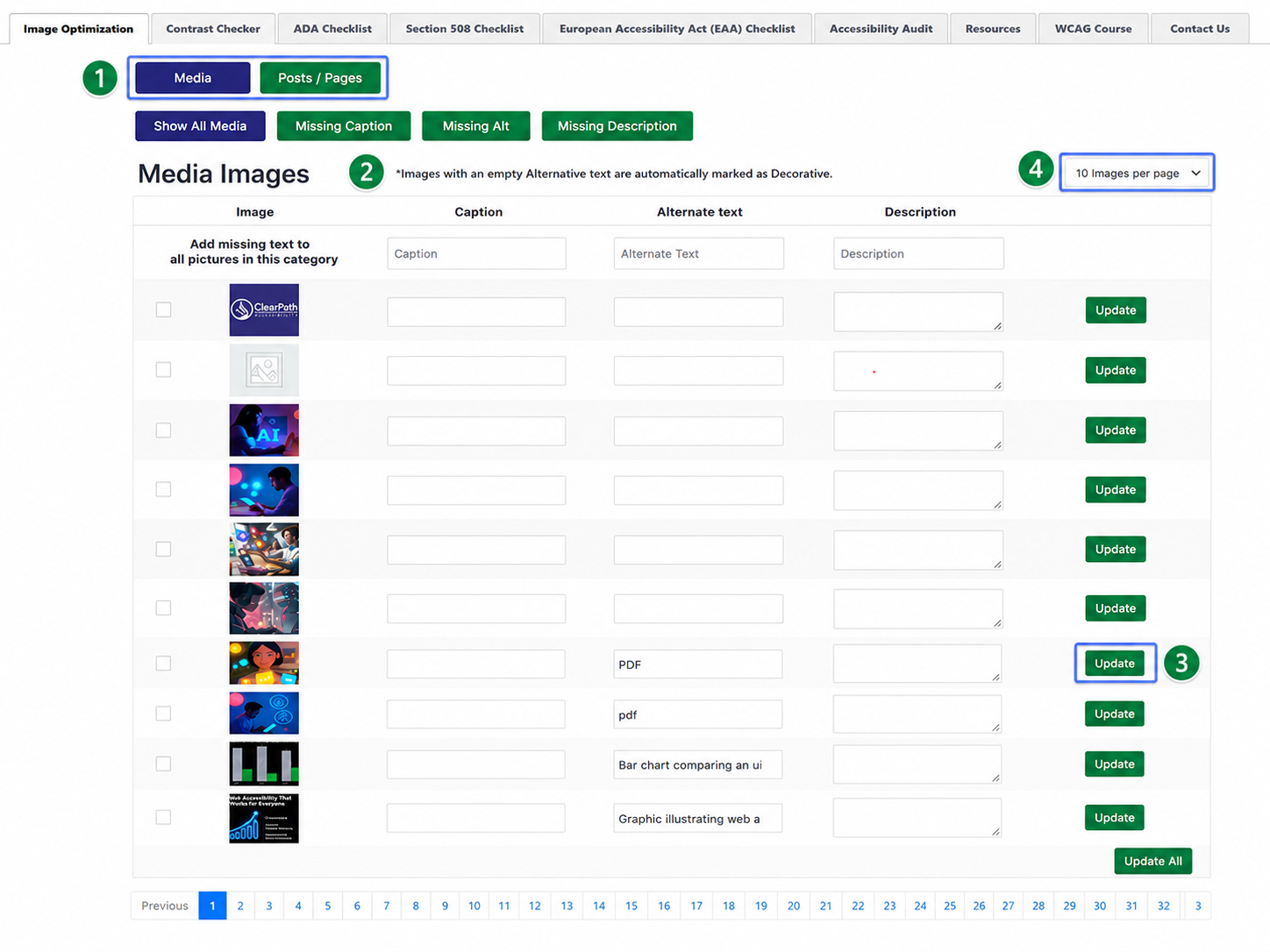 Missing Alt Text Finder showing Media Library images with fields to add or update Alternative Text, Caption, and Description — individually or all at once.