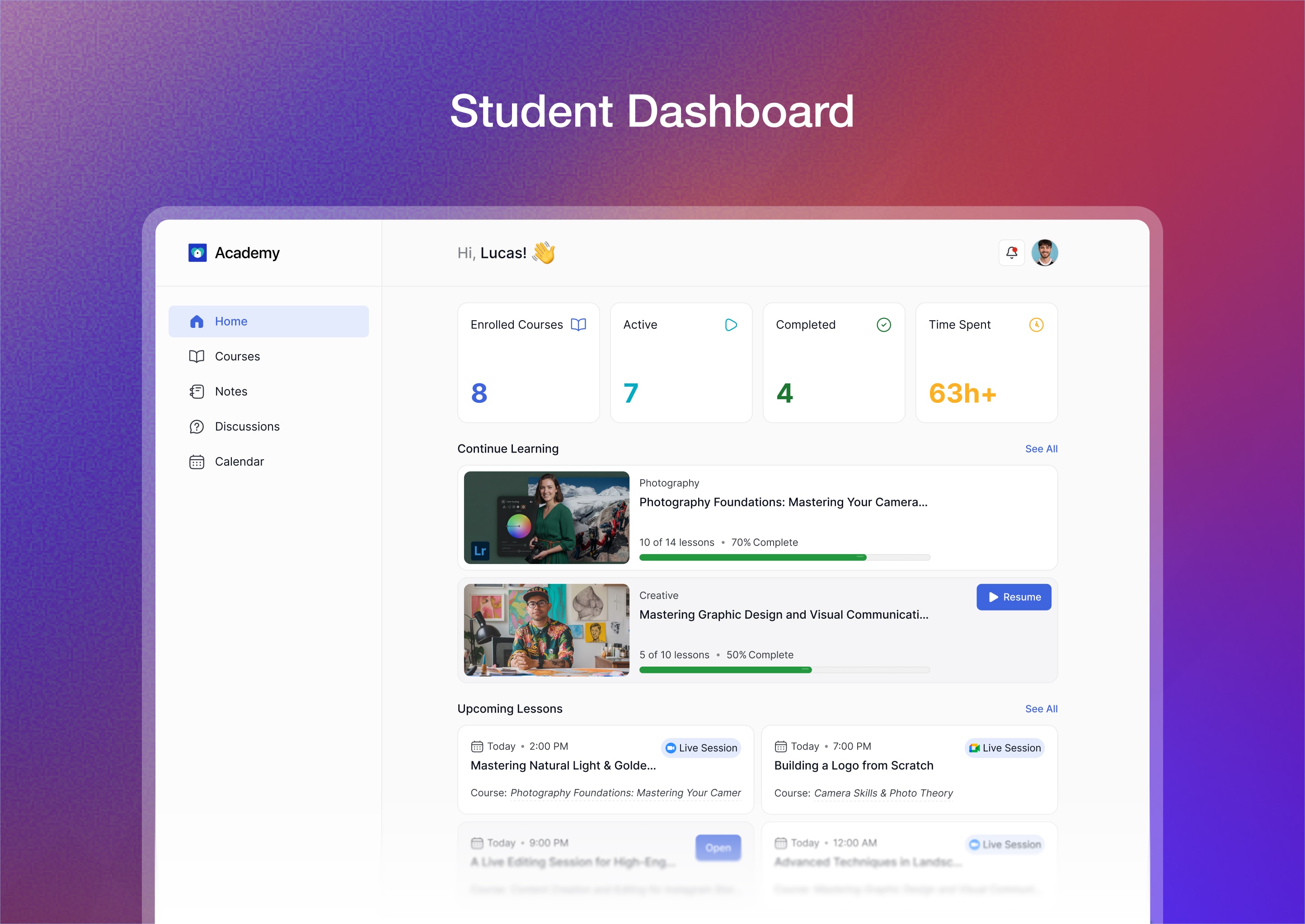 Student Dashboard: Central hub for courses, progress, achievements, and recent activities.