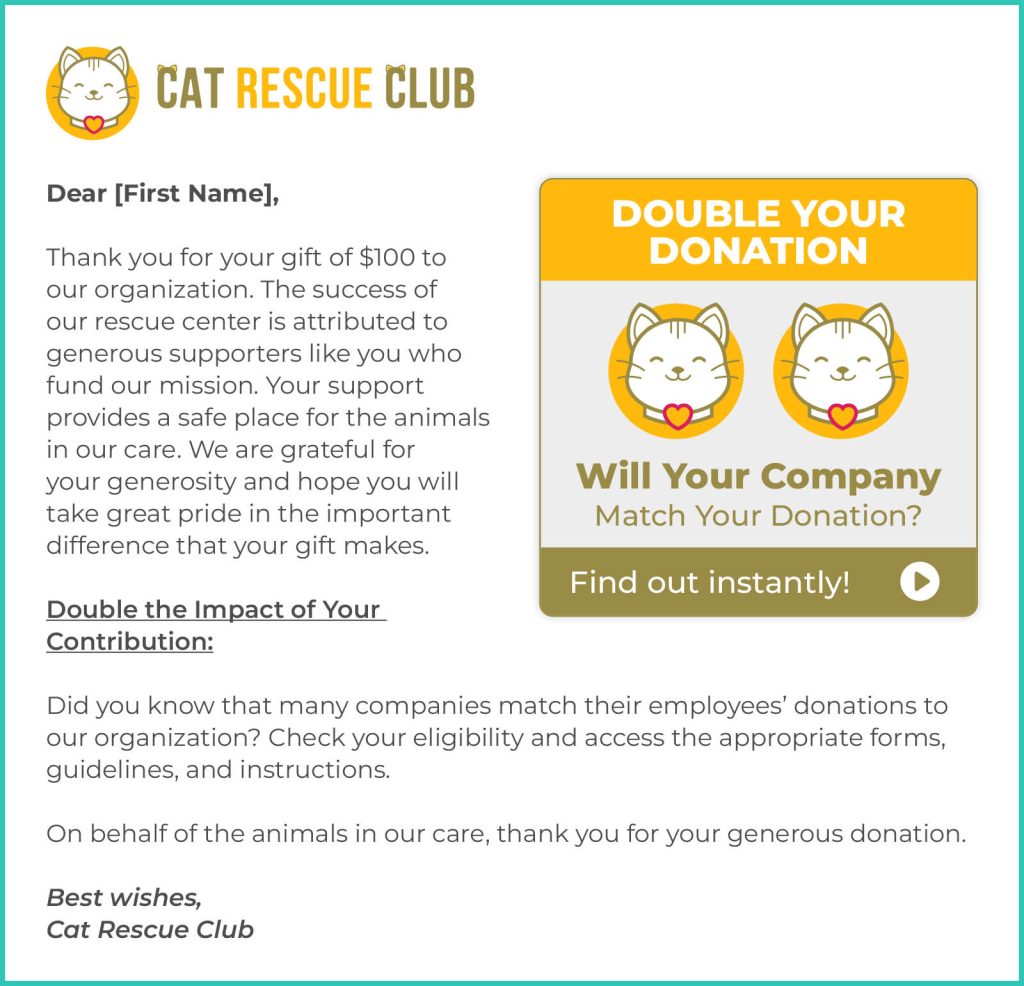 The image depicts an example thank you email that also encourages donors to check their matching gift eligibility.