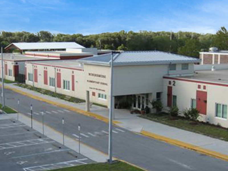 An aerial view of Windermere Elementary School on a sunny day.