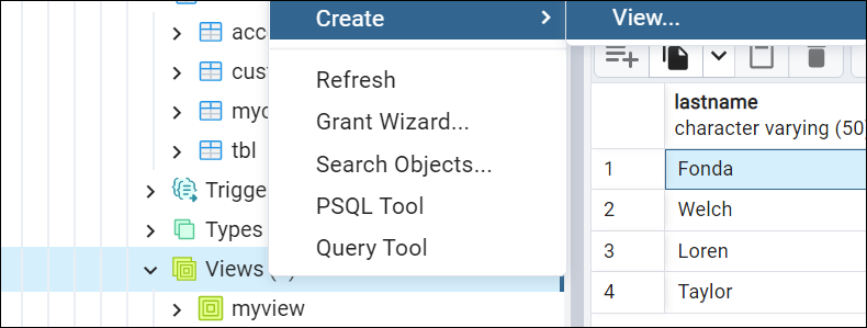 Create a view in pgAdmin
