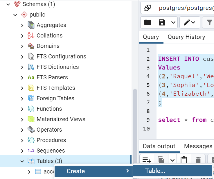 Create table with pgAdmin