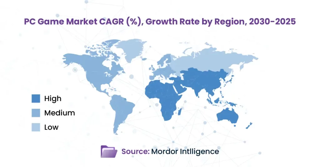 World map shading high PC game market CAGR in Asia, medium in Europe/Americas, low elsewhere for 2025-2030