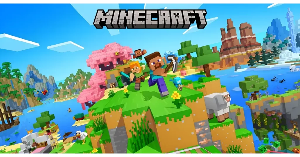 Colorful Minecraft art showing Steve, Alex and mobs adventuring on a floating, blocky island