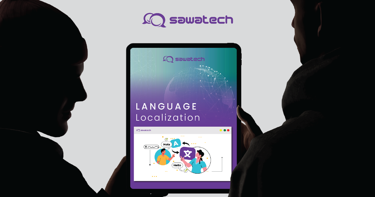 Two people viewing a tablet screen titled “Language localization” with multilingual icons and UI illustration.