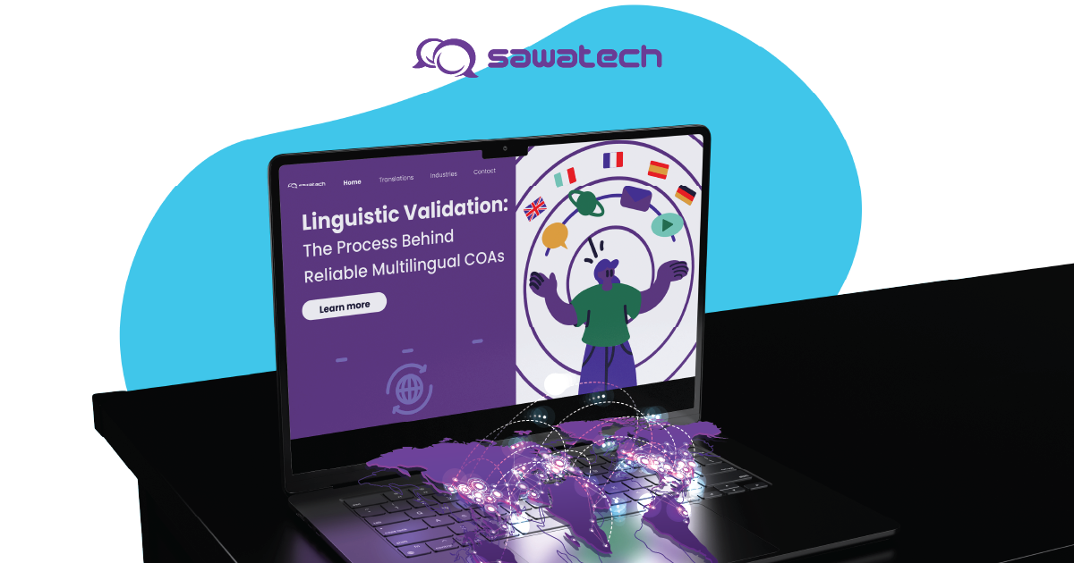 Laptop displaying linguistic validation workflow for multilingual COAs with global connectivity overlay.